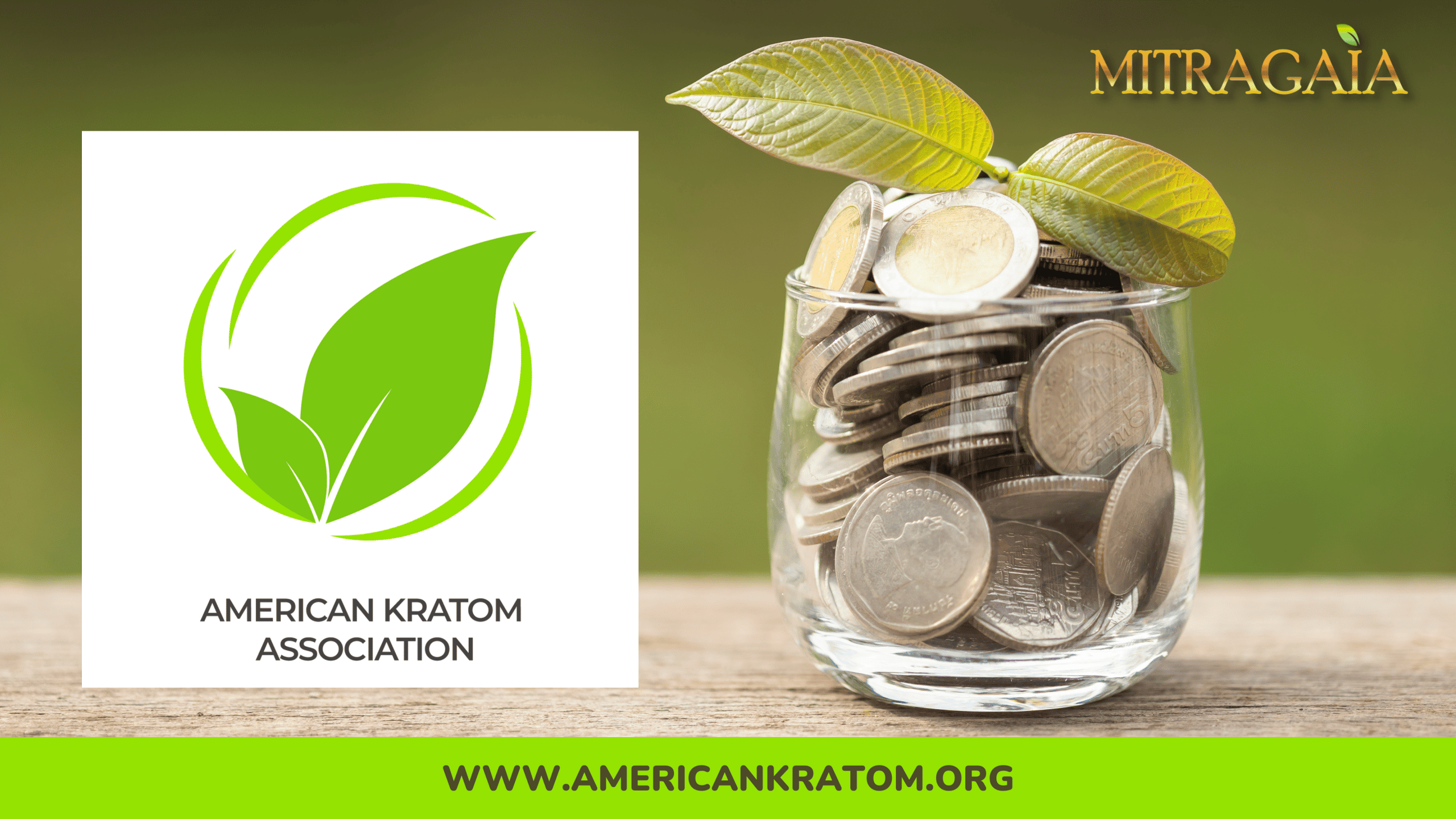 American Kratom Association Logo next to a jar of coins and a kratom leaf 